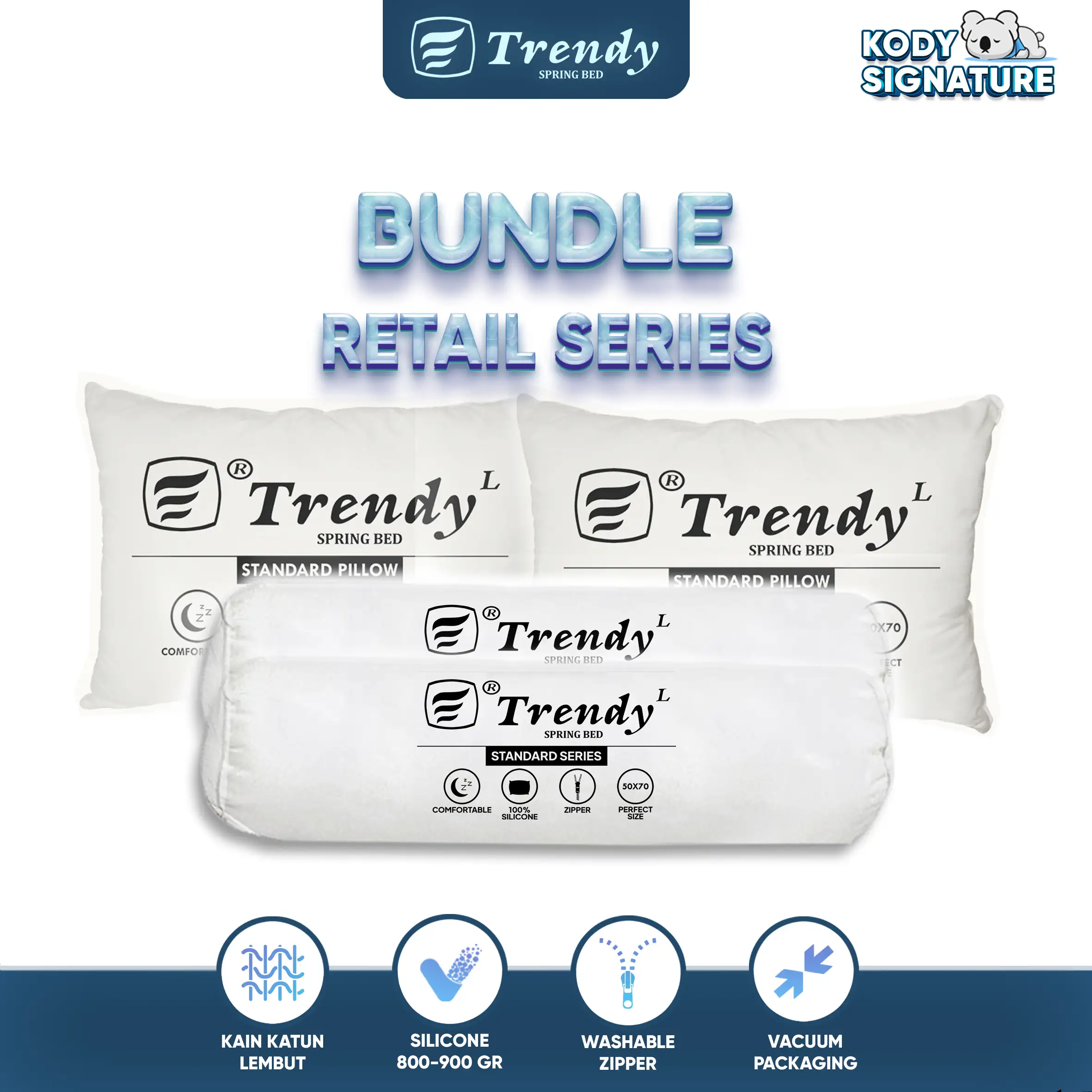 Kody Trendy Bantal Guling Retail - Bantal 50x70cm 100% Silicone 800gr / Guling 35x90cm 100% Silicone 900gr