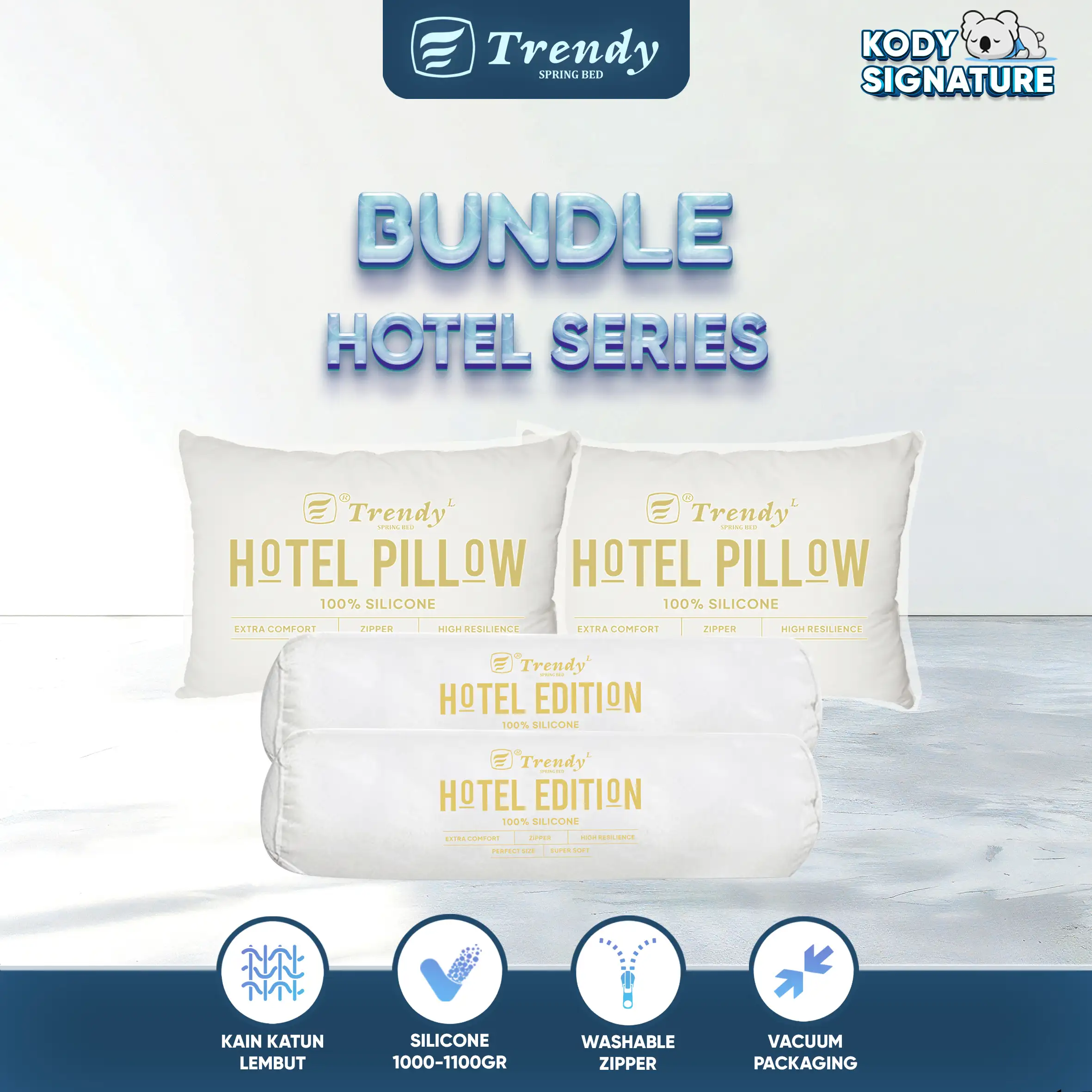Kody Trendy Bantal Hotel - 50x70cm 100% Silicone 1000gr/ Guling Hotel 35x90 100% Silicone 1100gr