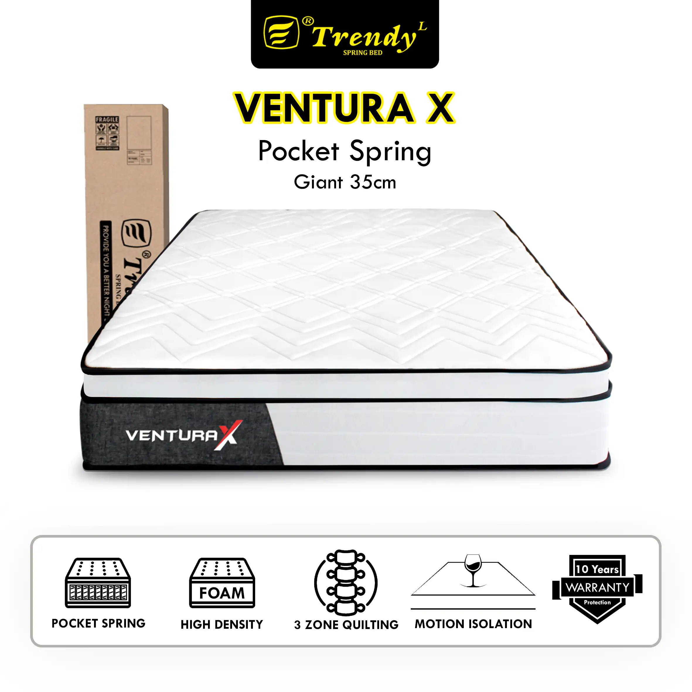 Trendy Ventura X Pocket Spring Giant Mattress - Motion Isolation - Mattress Vacuum - Kasur Spring Bed Dalam Box