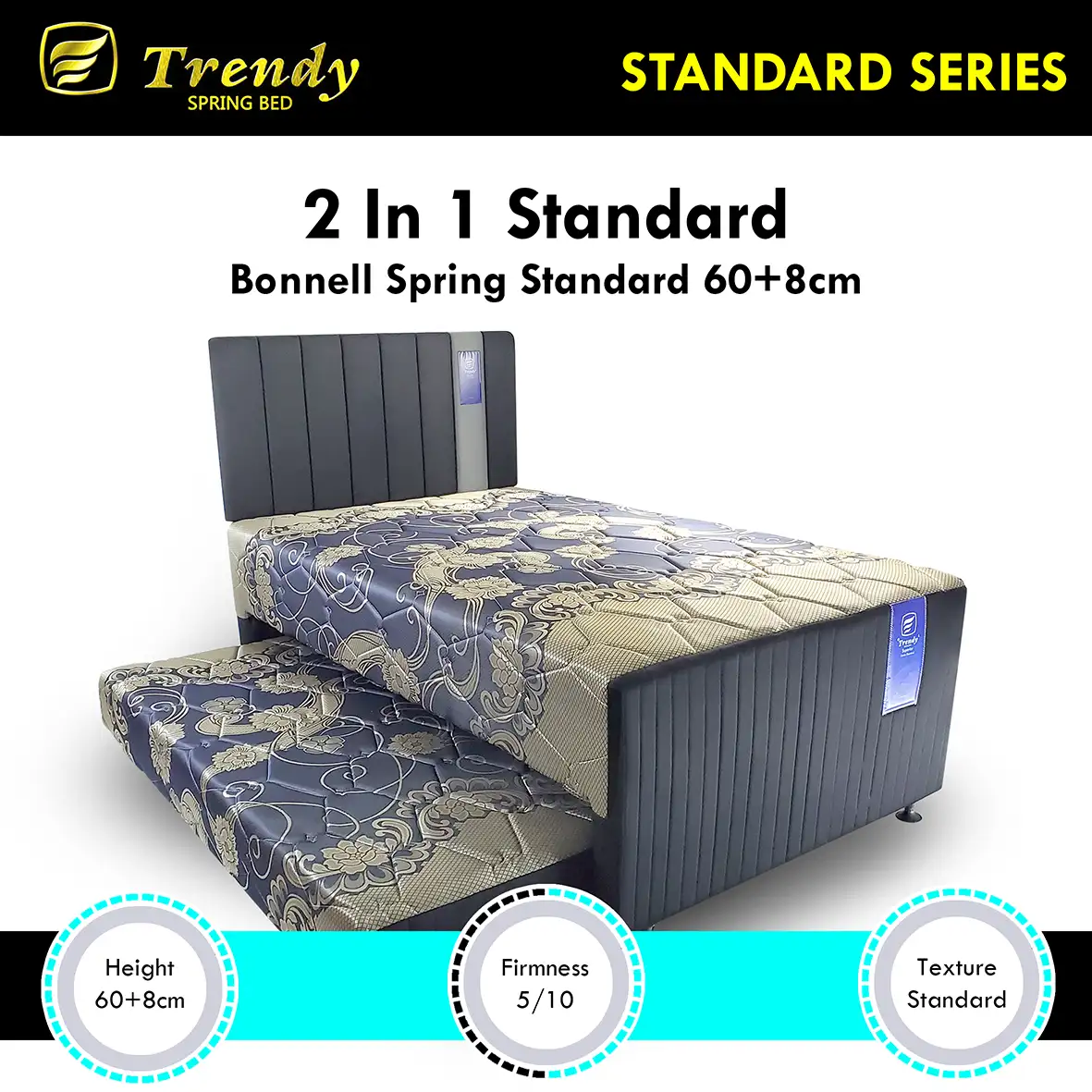 Trendy 2 in 1 Standard Series - Kasur Spring Bed Hybrid Busa Rebonded D50 Motif Standard dan Kiddies